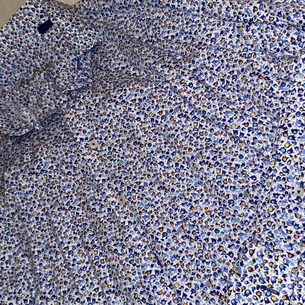 Alan Flusser Mens Blue Floral Long Sleeve Button Down Cotton Shirt Large